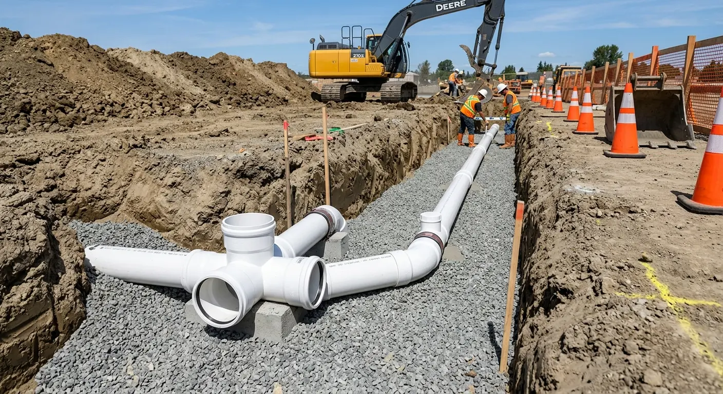 New PVC sewer pipe installation in open trench for Grease Trap Cleaning in Las Vegas